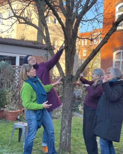 Thema Gärtnern: Stifts-Mieterinnen und Harriet Witte (1. links im Bild) untersuchen einen Apfelbaum; Foto: Leja-Stiftung